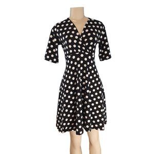 Mother Bee Maternity Black White Polka Dot V Neck Long Sleeve Dress